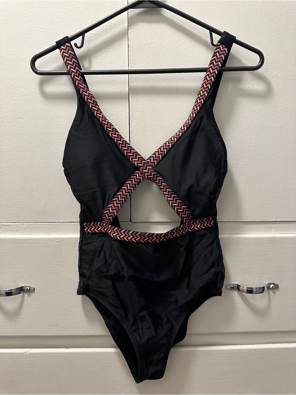 Xhilaration black one-piece swimsuit with multi-colored aztec pattern details XS